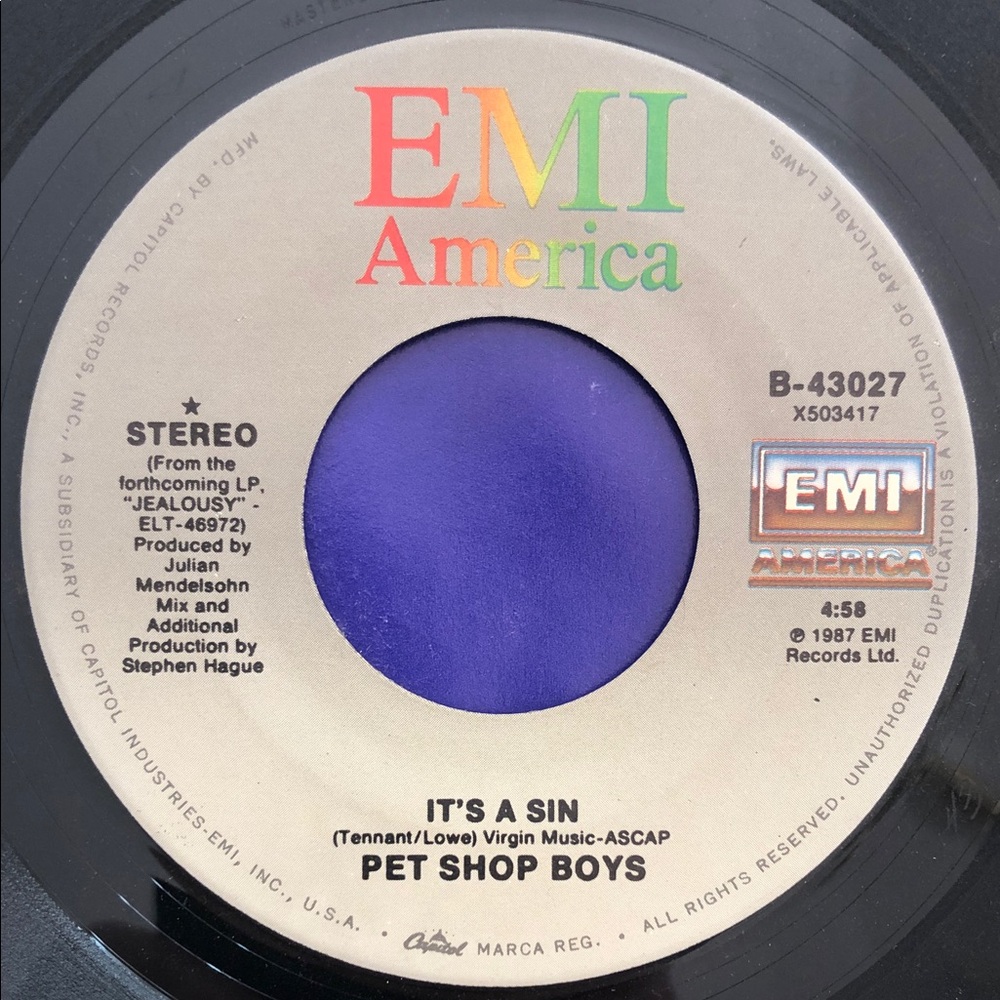 Pet Shop Boys It’s a Sin Vinyl 45 Record '87 - Picture 3 of 6